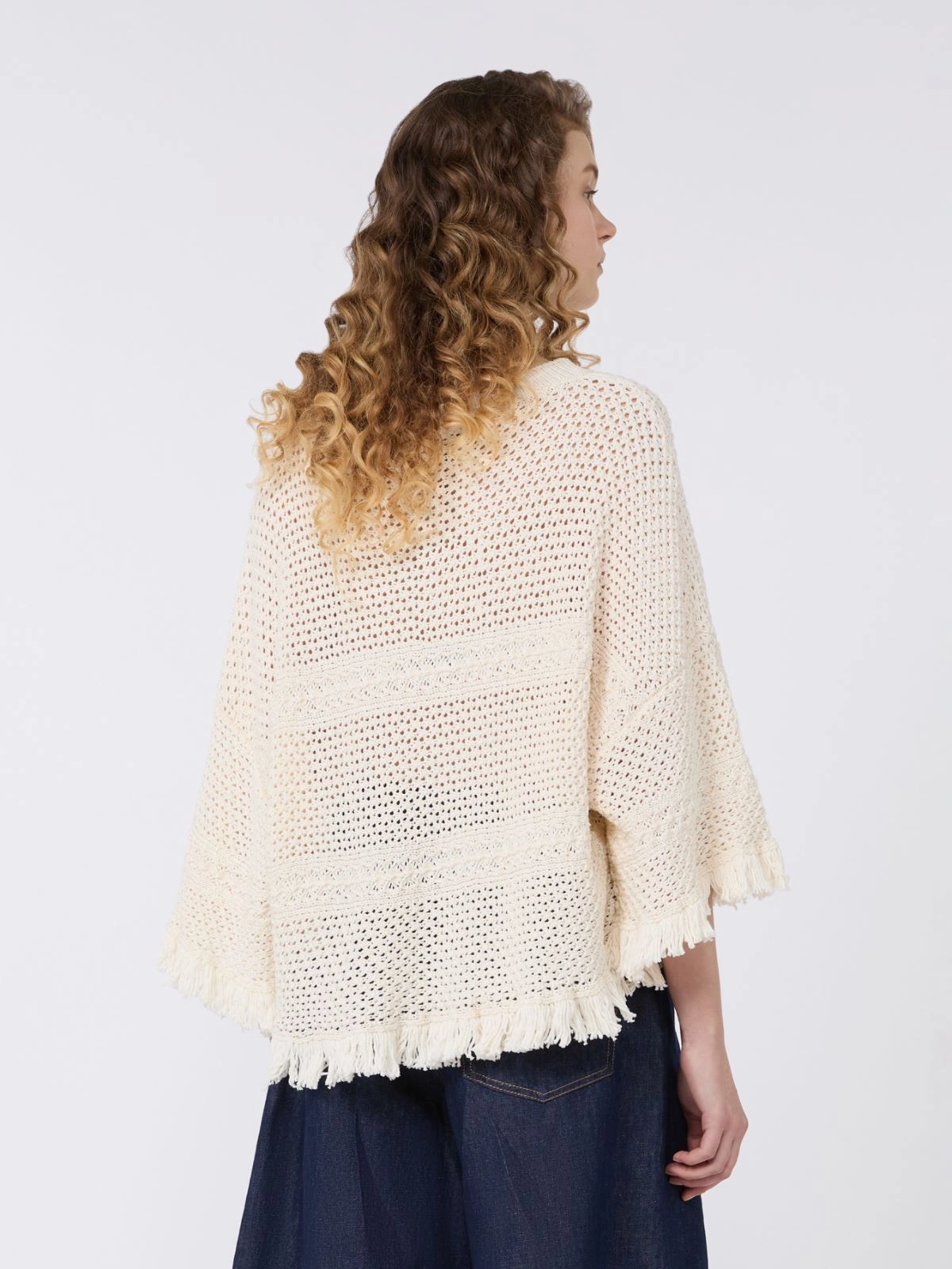 Textured Open-Knit Sweater with Fringe Detail