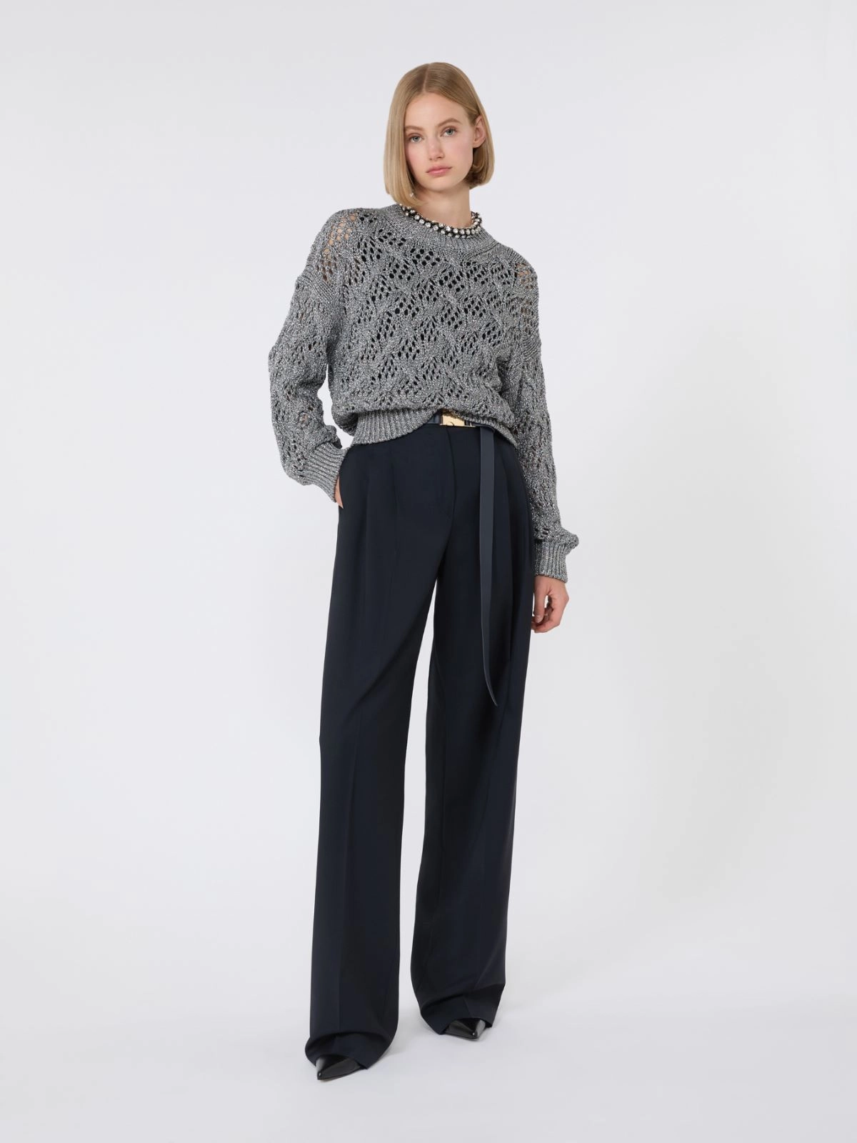 Refined Open-Knit Sweater With Metallic Fiber Detail