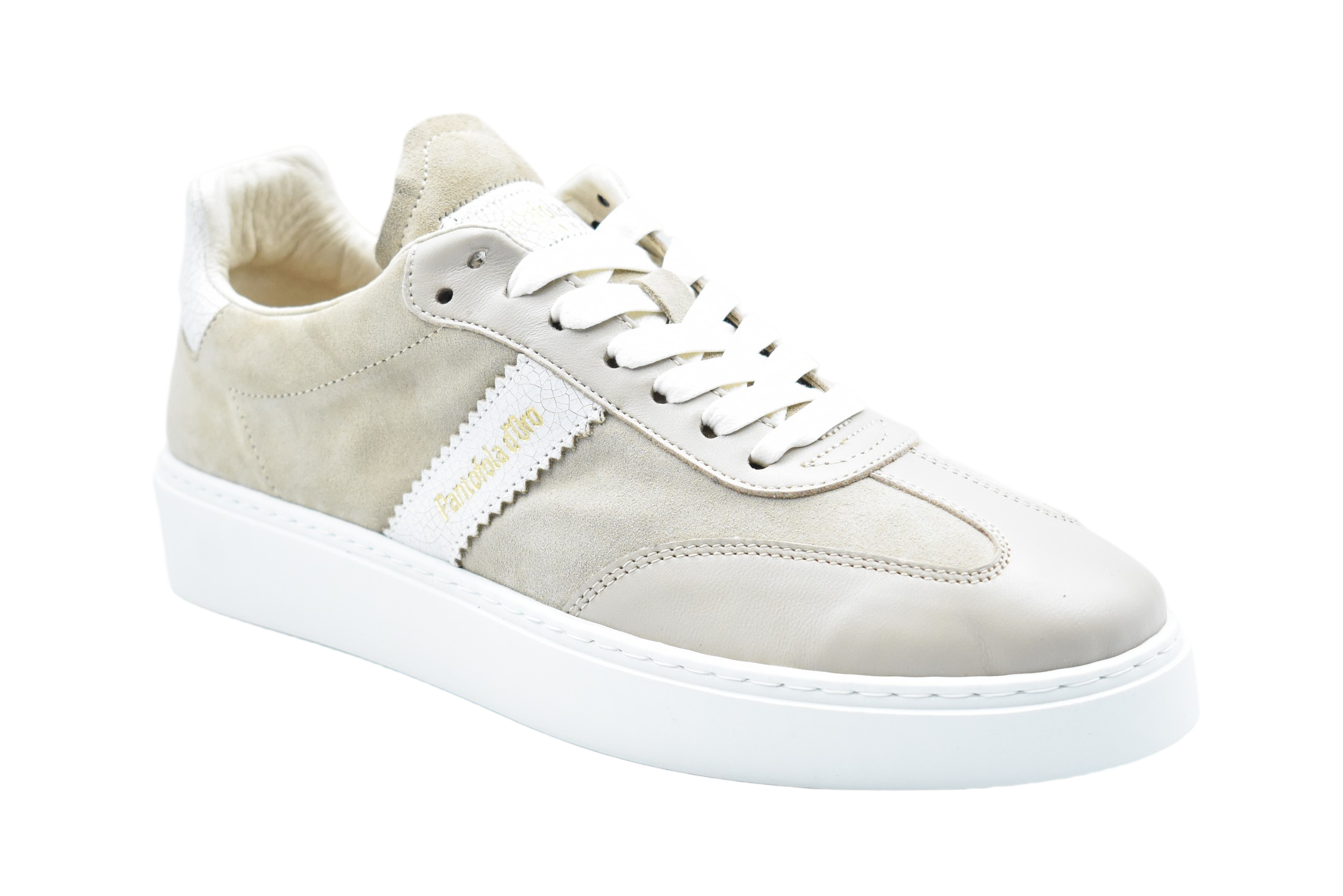 Low-Top Beige Shoes With Laced Design And Gold Accents
