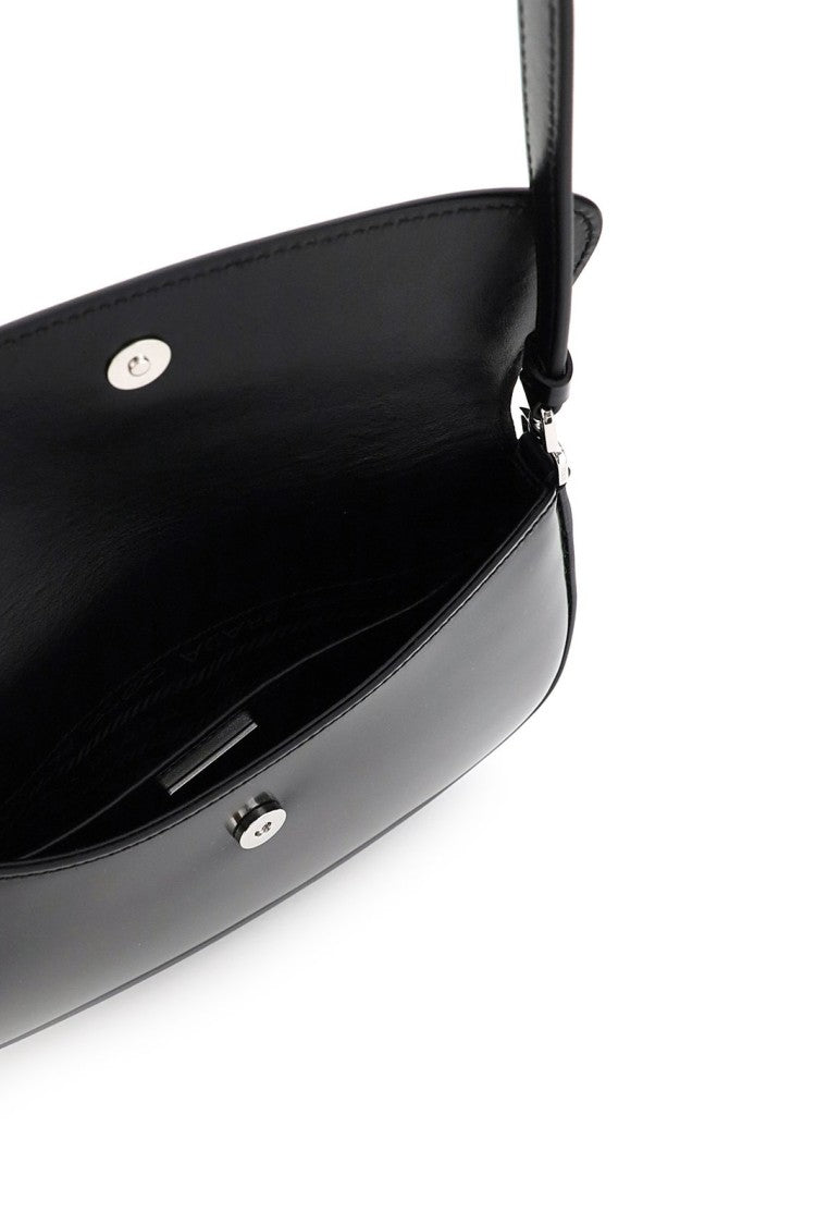 Curved Black Cow Leather Shoulder Bag with Triangular Logo Plaque