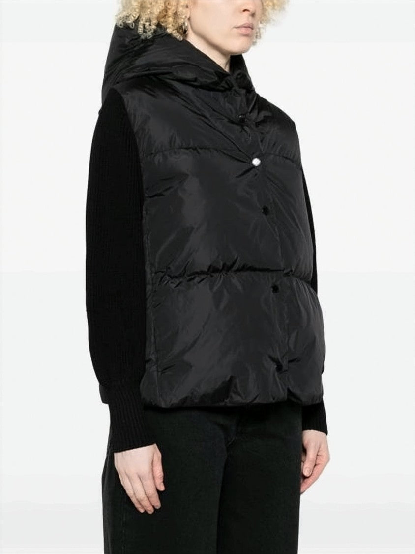 Puffer Jacket with Contrasting Knit Sleeves and Hood