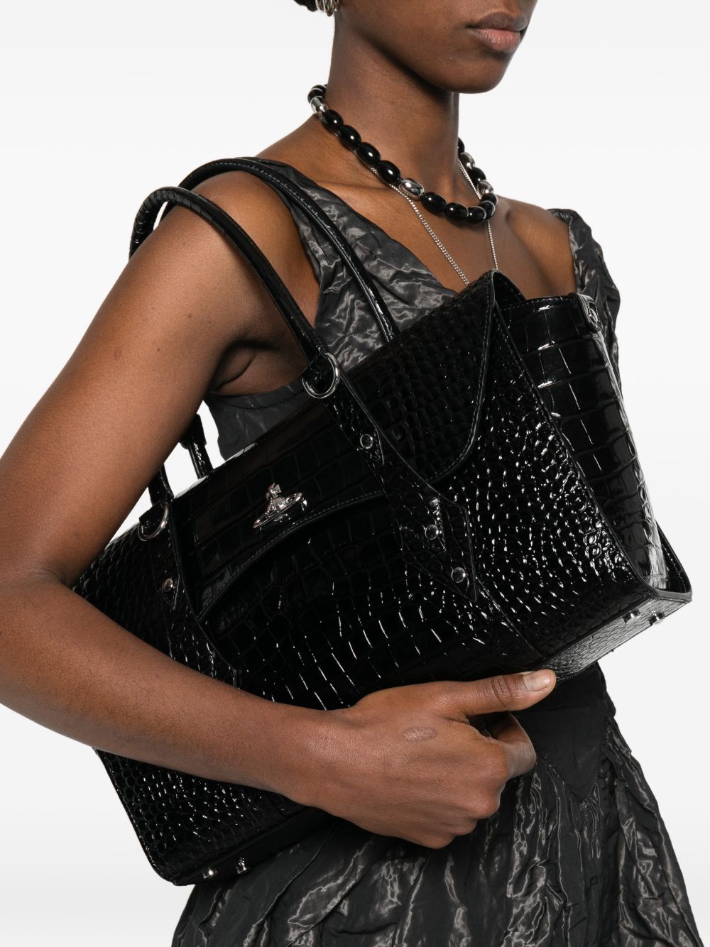 Crocodile-Embossed Black Shoulder Bag With Metallic Emblem