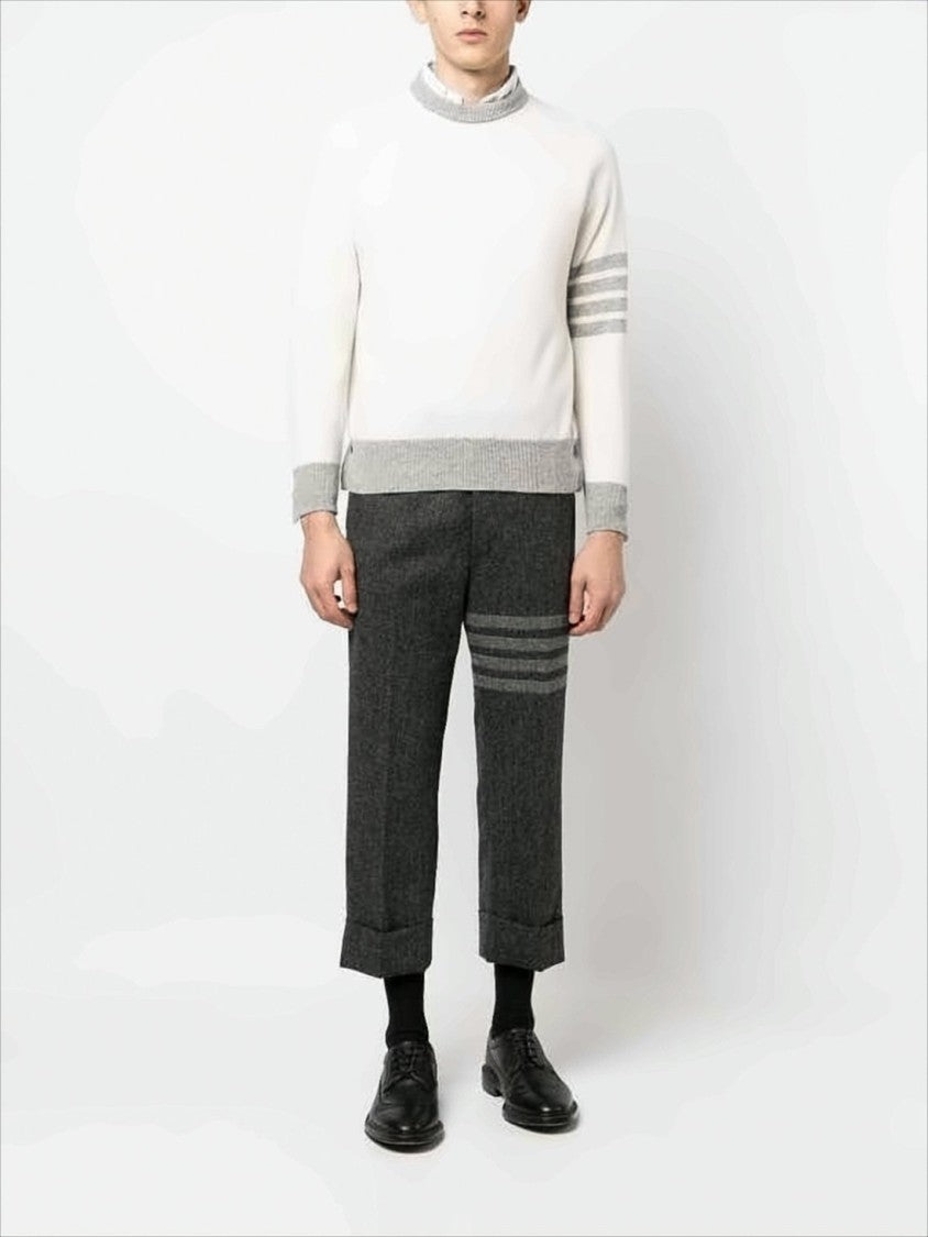 Tailored Cropped Suit Pants with Herringbone Texture and Four-Stripe Detail