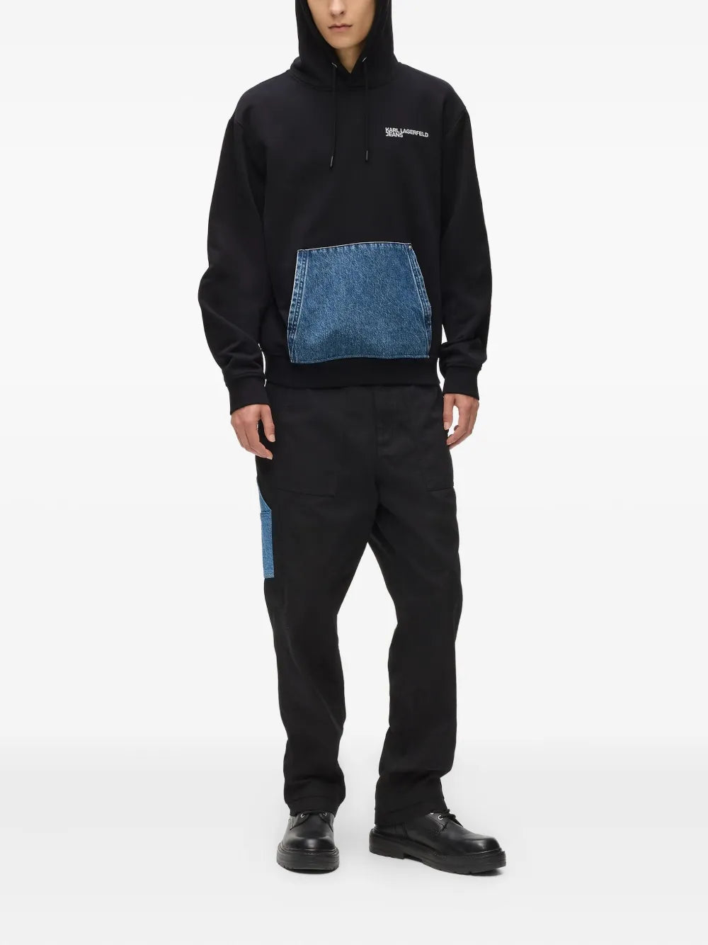 Hooded Sweatshirt with Denim Patch Pocket