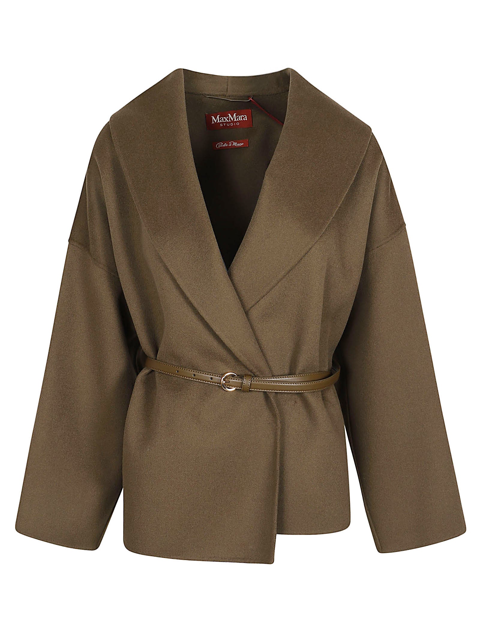 Wrap-Style Coat with Wide Shawl Collar and Textured Fabric