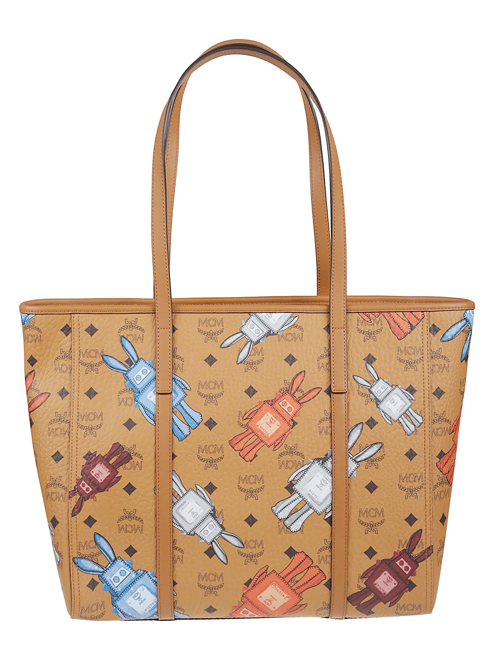 Structured Tote Bag with Colorful Robot Pattern and Leather Trims