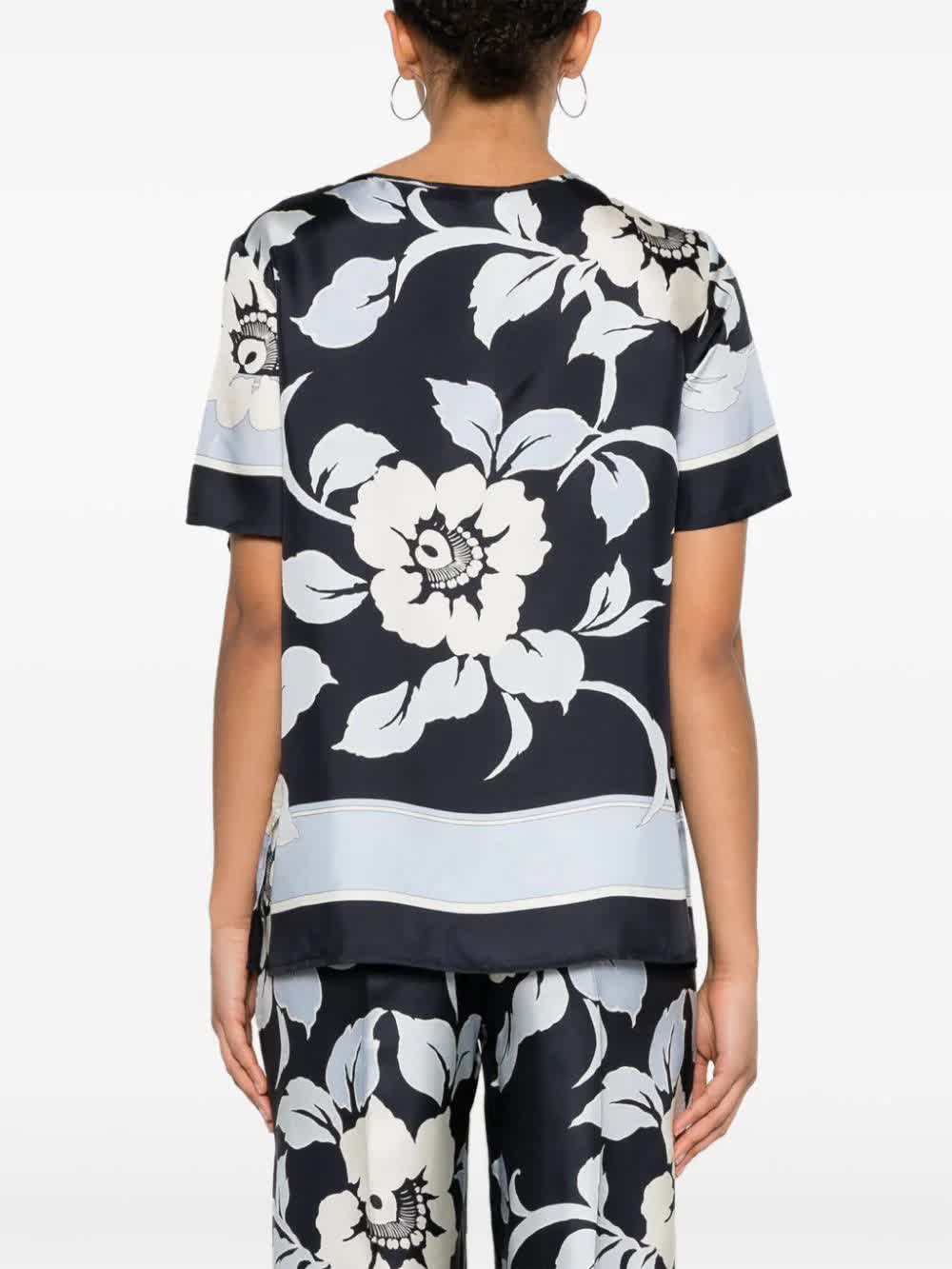 Floral Print Silk Short Sleeve Blouse