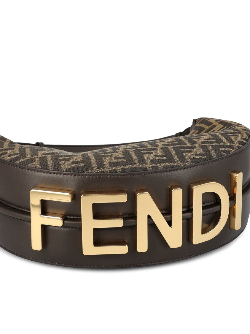 Crescent-Shaped Shoulder Bag with Monogram Pattern