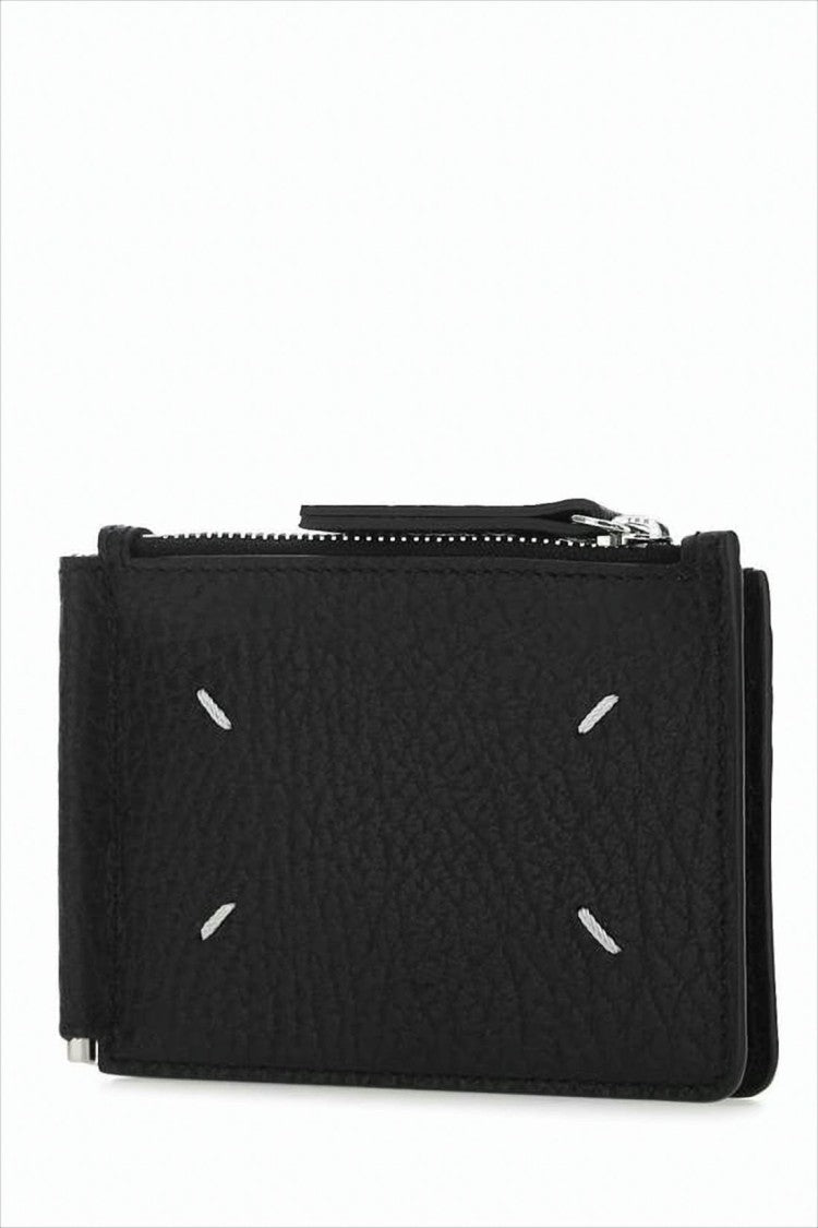 Textured Leather Card Wallet With Zip Compartment And Signature Stitching