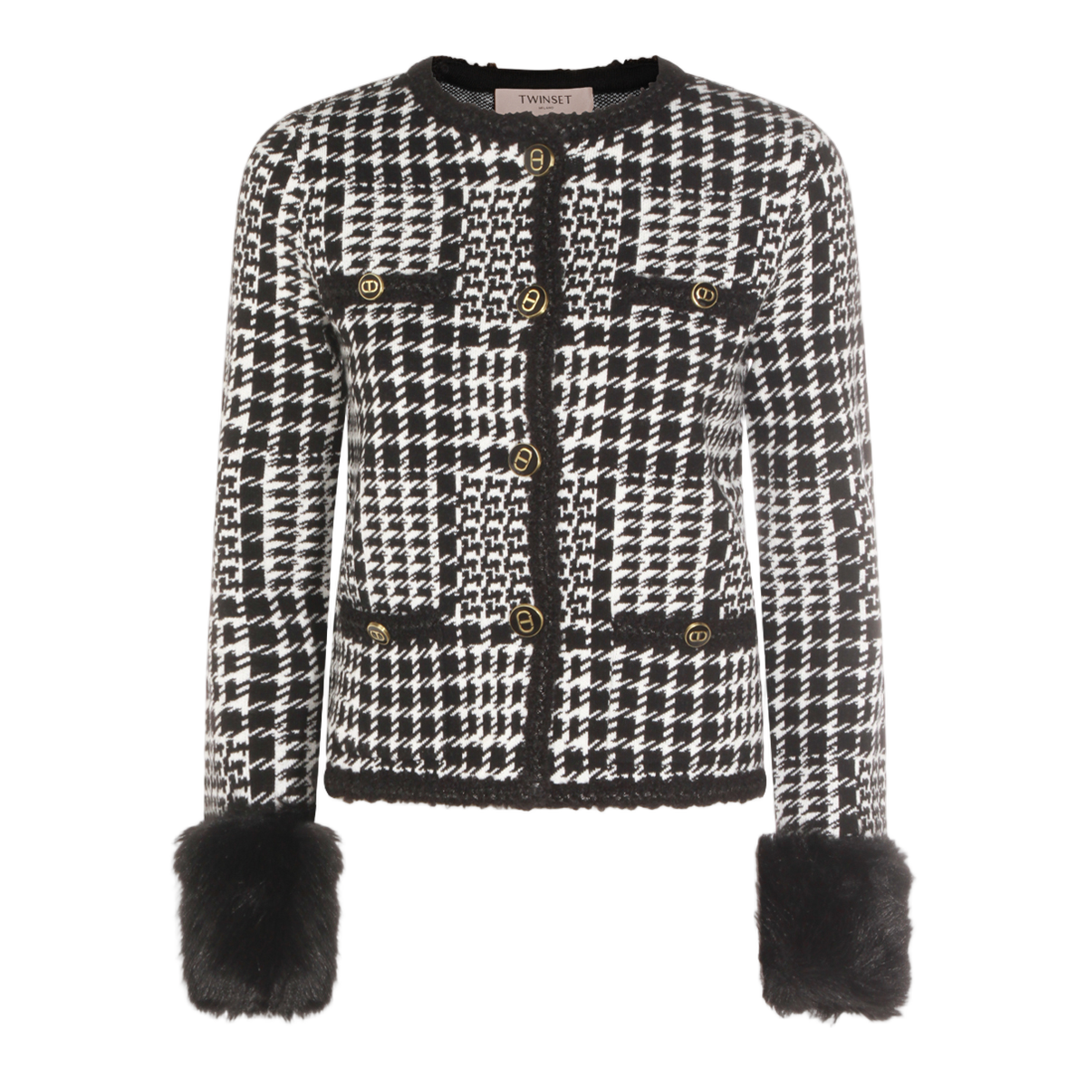 Houndstooth Pattern Jacket with Gold-Tone Buttons