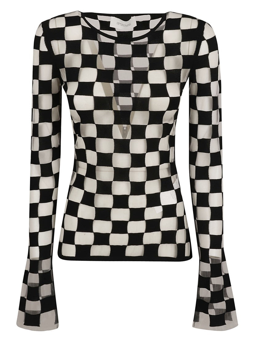 Checkered Knit Sweater With Flared Cuffs