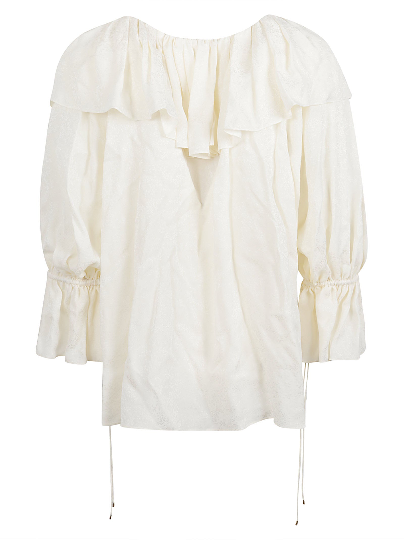 Ornamental Jacquard Silk Blouse with Ruffled Neckline