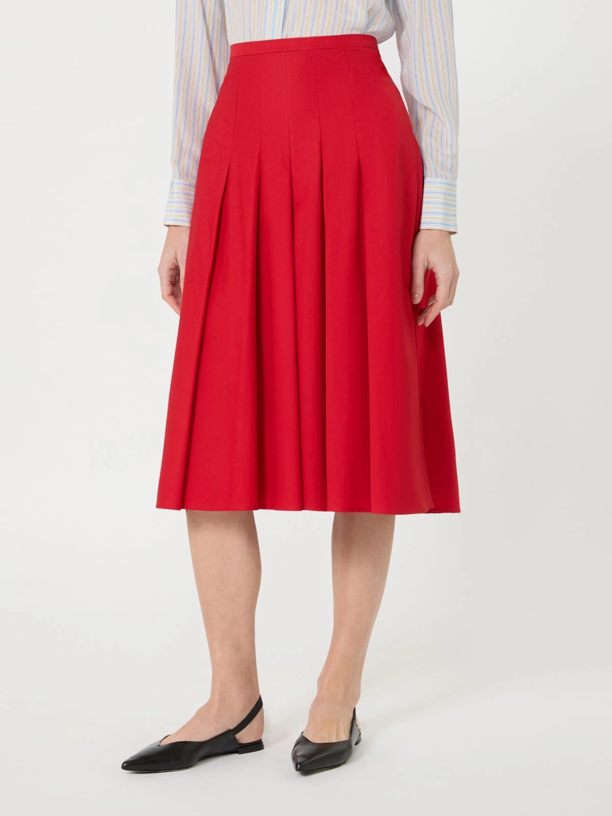 Red Midi Skirt with Structured Pleats