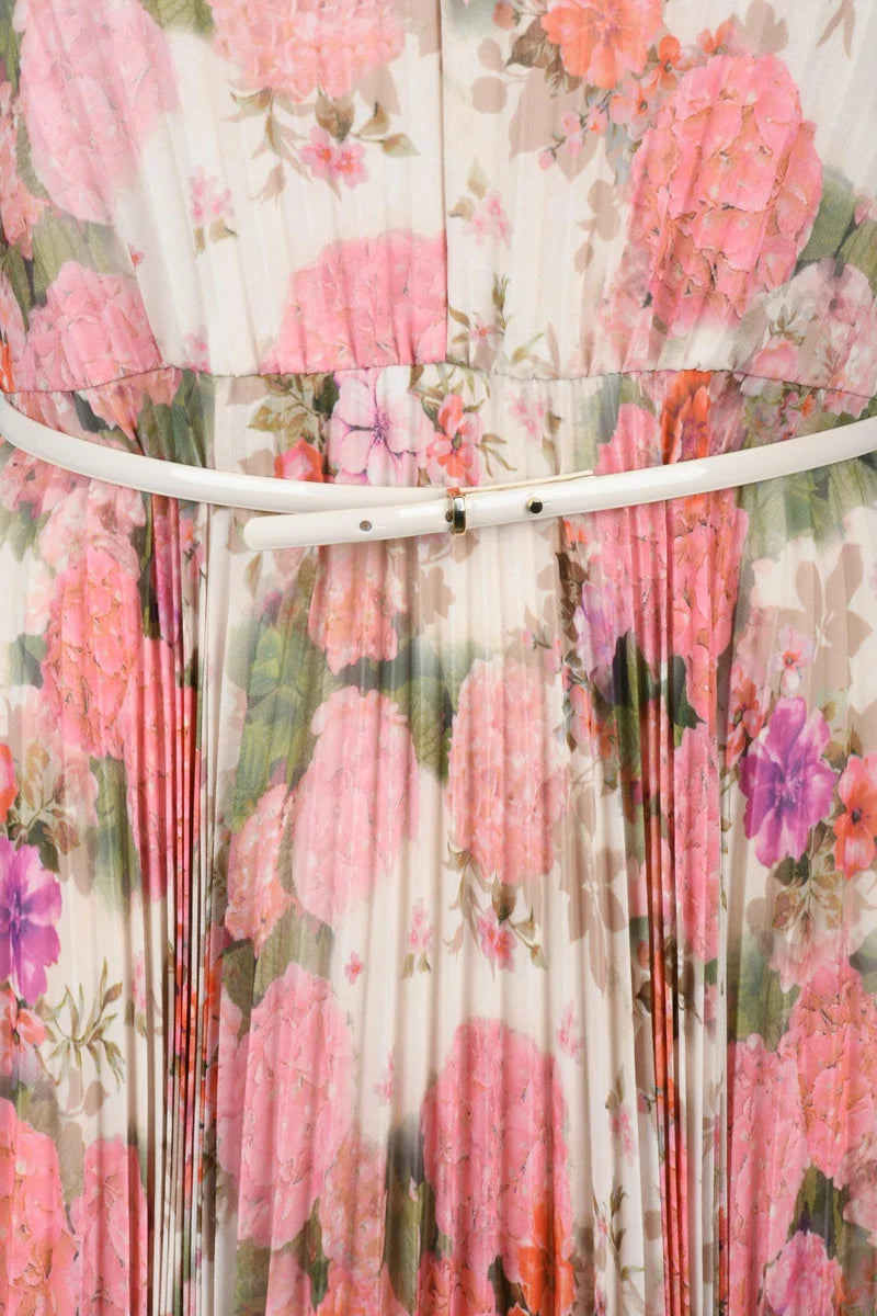 Pleated Dress Polyester - Beige/Pink