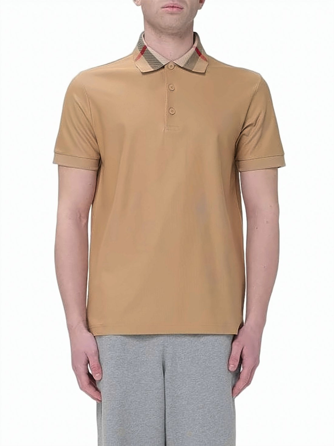 Short-Sleeved Polo Shirt with Check-Patterned Collar and Side Slits