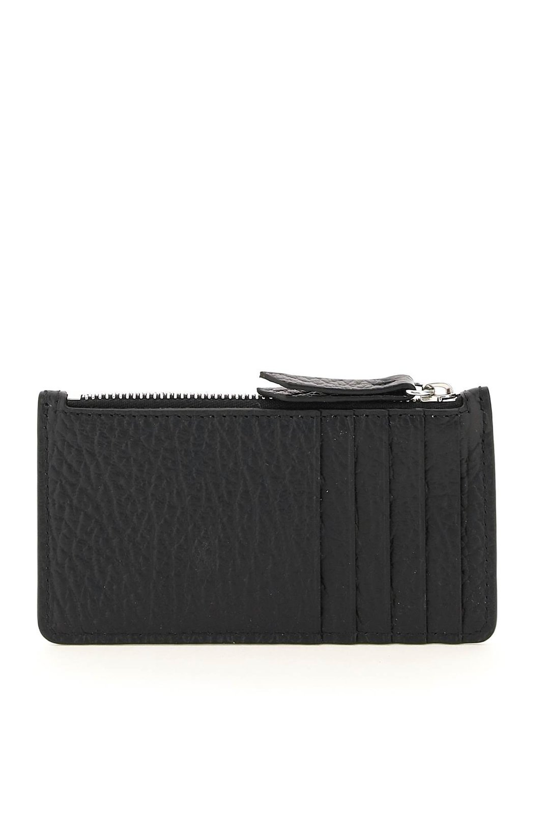 Textured Black Card Wallet With Zip Closure And Stitch Accents