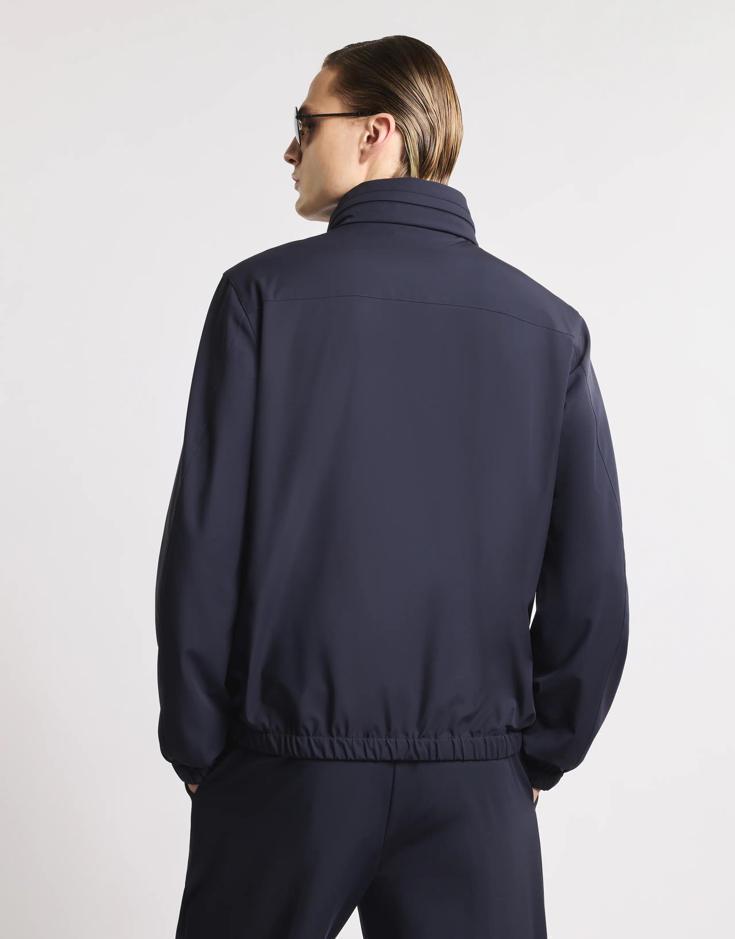 Versatile Navy Stretch Jacket with Leather Accents