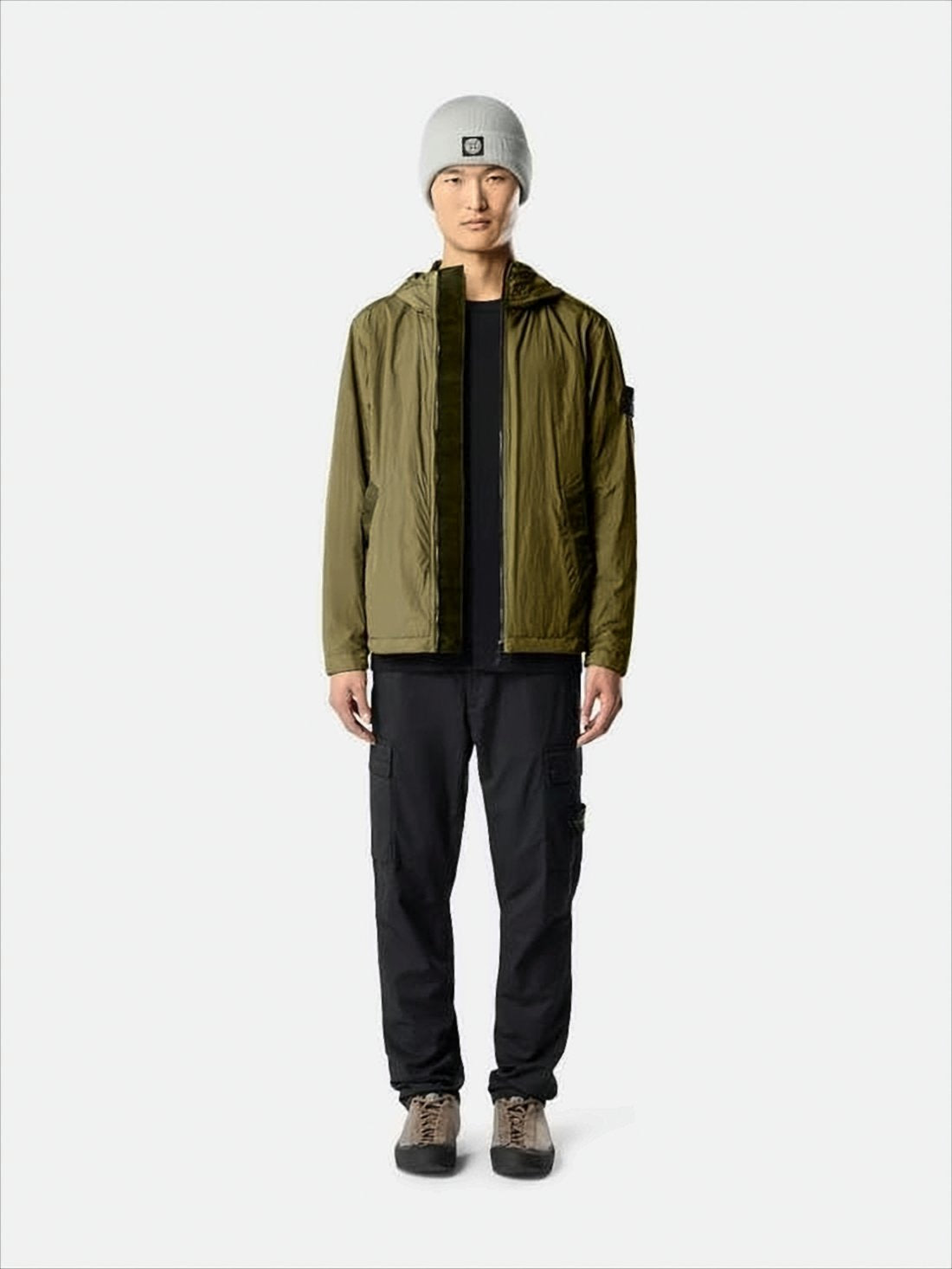 Crinkled Nylon Wind-Resistant Hooded Jacket