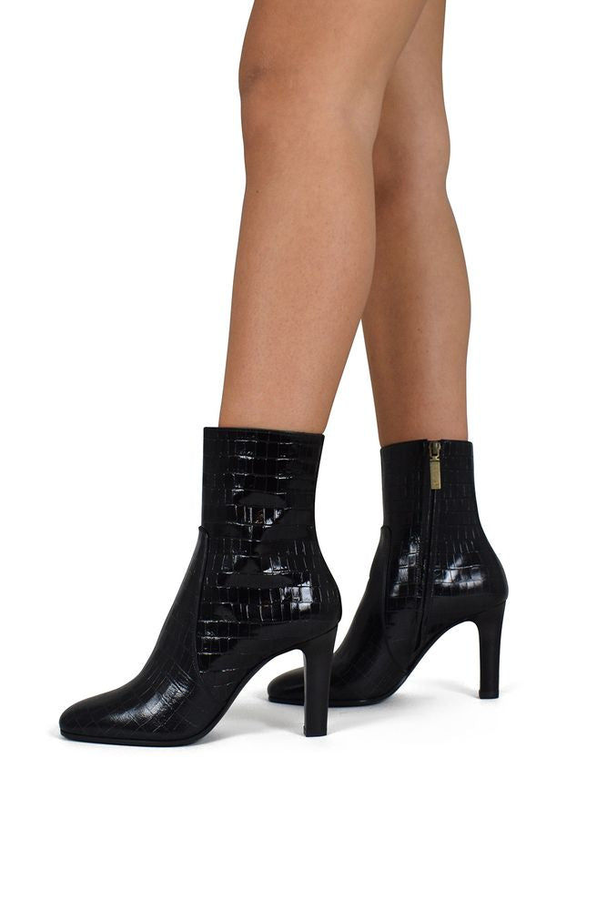 Shiny Crocodile-Embossed Leather Ankle Boots