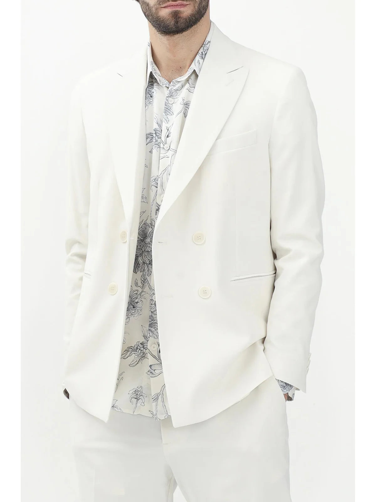 White Polyester Viscose Elastane Double-Breasted Jacket