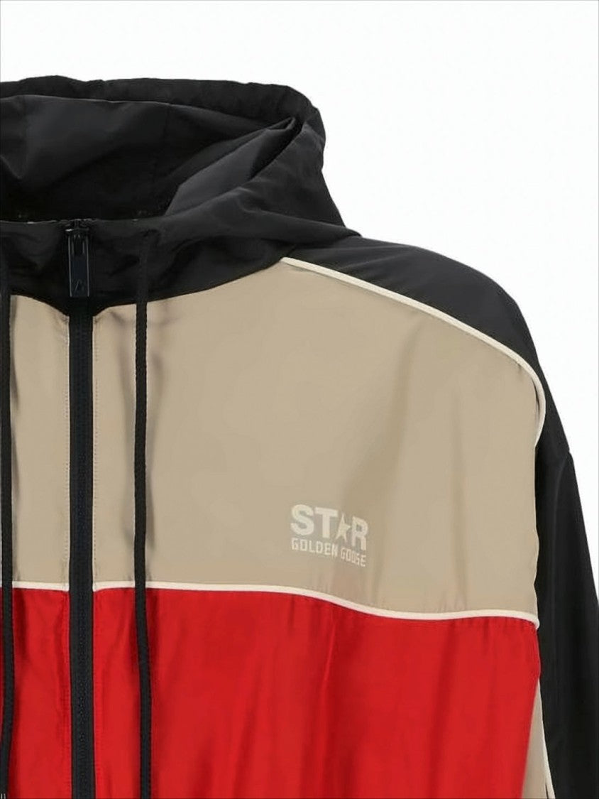 Color-Block Casual Jacket with Drawstring Hood and Lightweight Fabric
