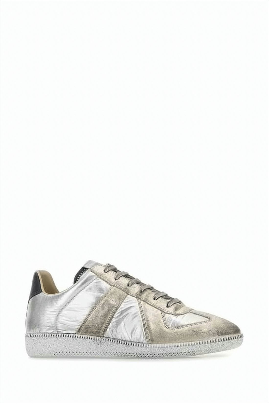 Low-Top Silver Sneakers with Distressed Panels
