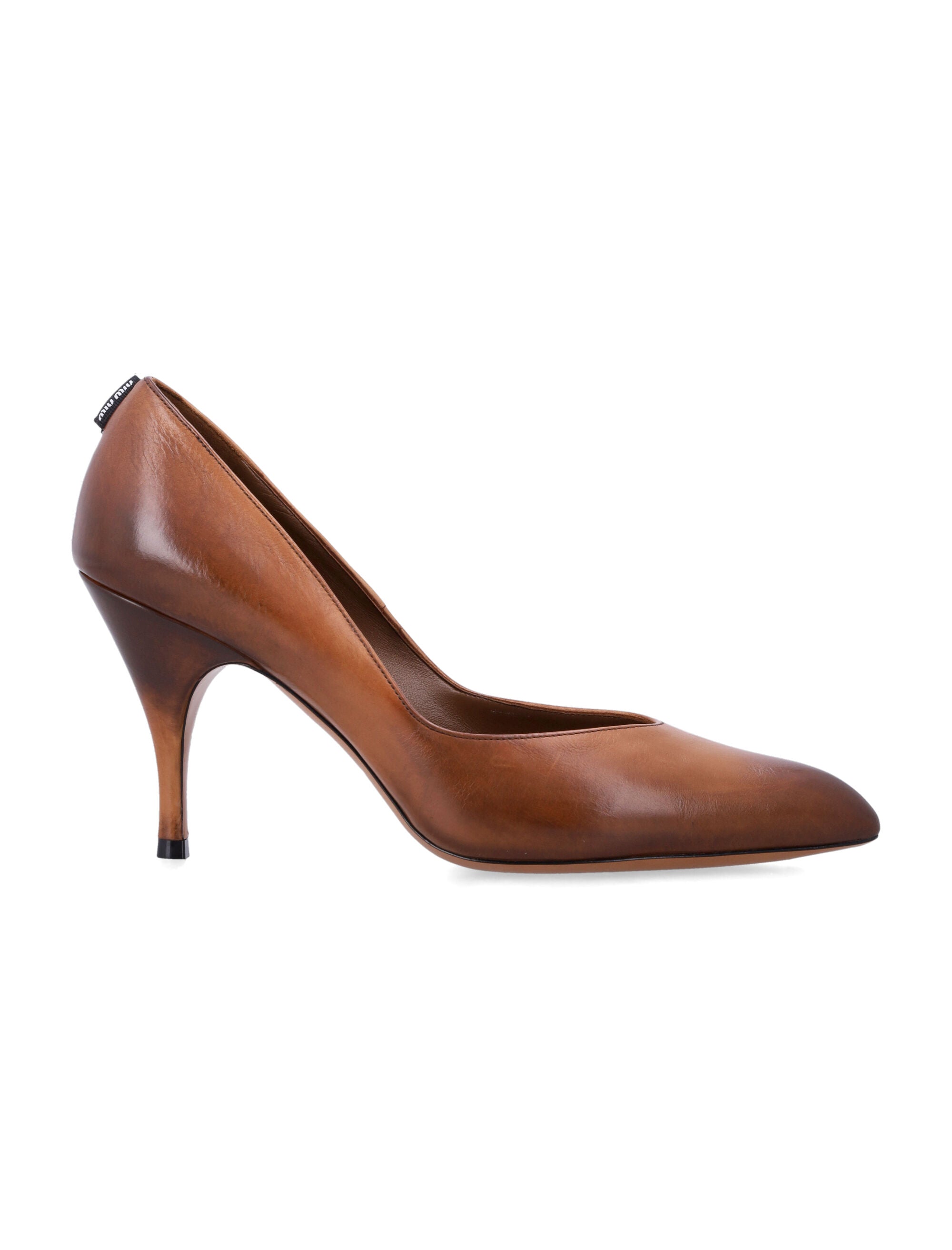 Pointed-Toe Pumps in Cognac Leather with Curved Stiletto Heel
