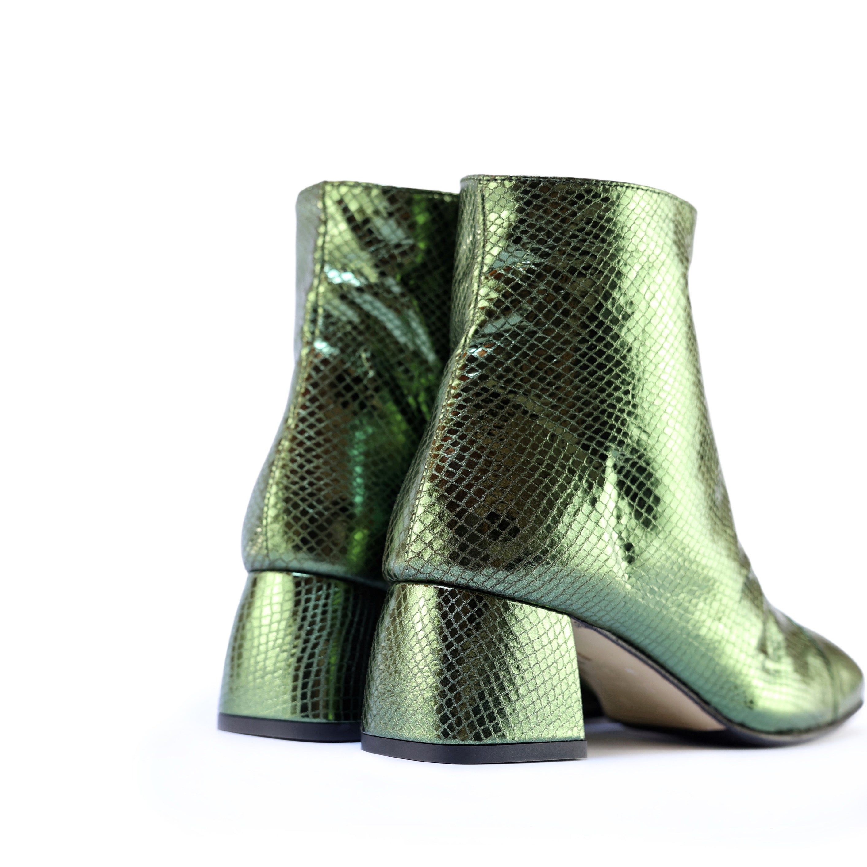 Snake-Effect Military Green Ankle Boots with Square Toe