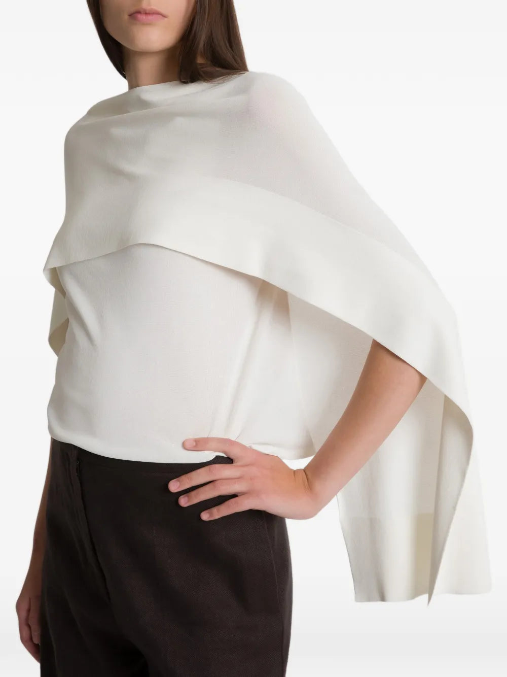 Layered Long-Sleeved Top with Draped Cape Overlay