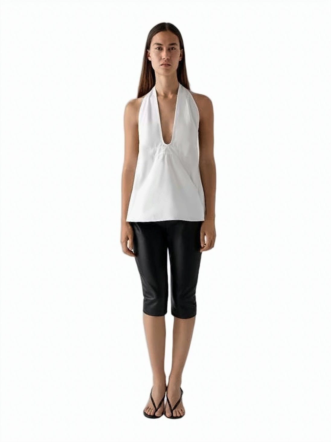 White Sleeveless Deep V-Neck Flared Top