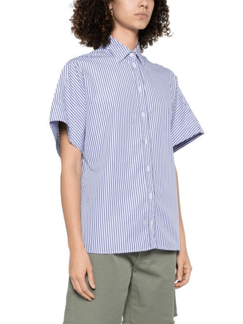 Blue Cotton Shirt With Classic Collar And Short Kimono Sleeves