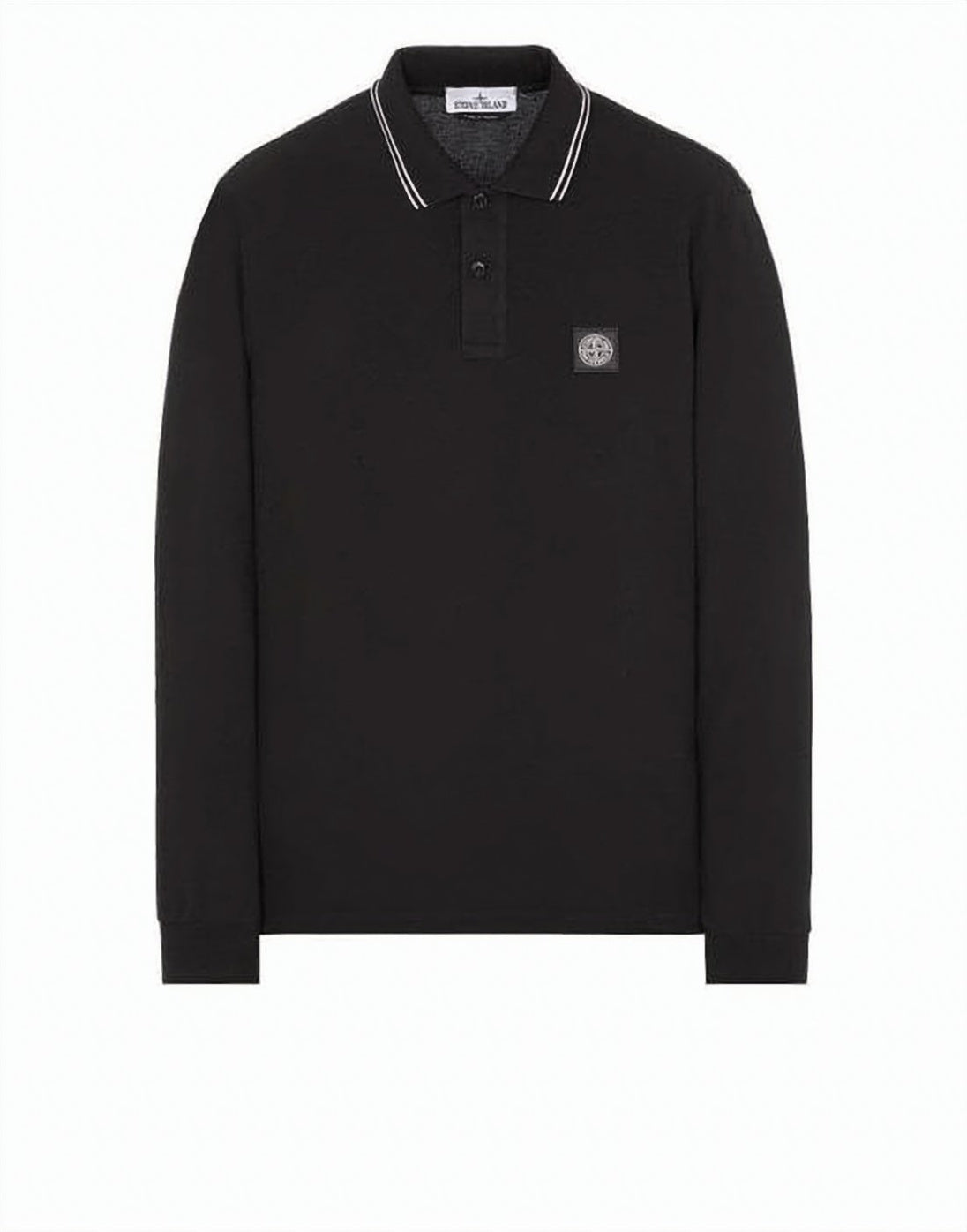 Black Long-Sleeve Polo Shirt with Striped Collar Detail