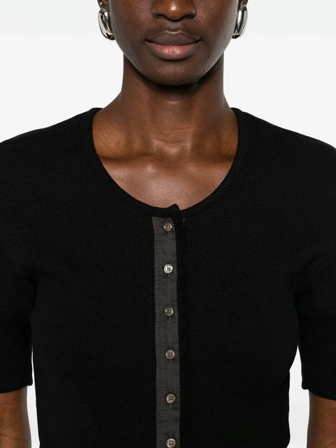 Fitted Black Short-Sleeved Top with Central Button Placket