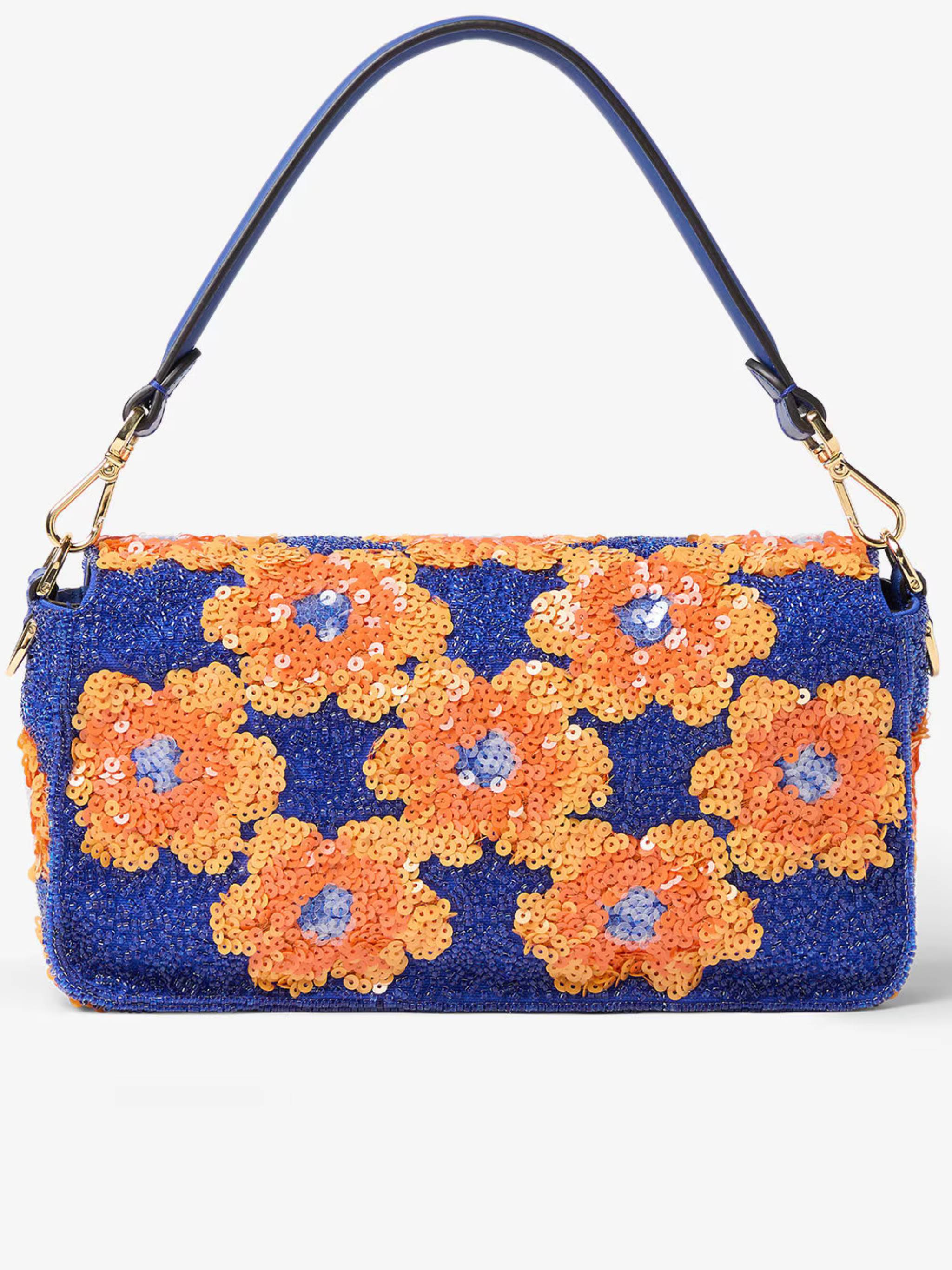 Floral Sequin Baguette Bag with Structured Handle