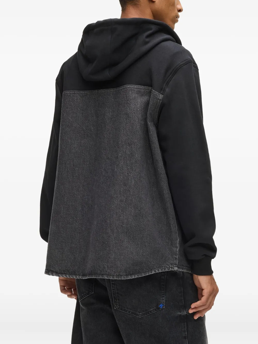 Denim-Panel Jacket with Hood and Ribbed Cuffs
