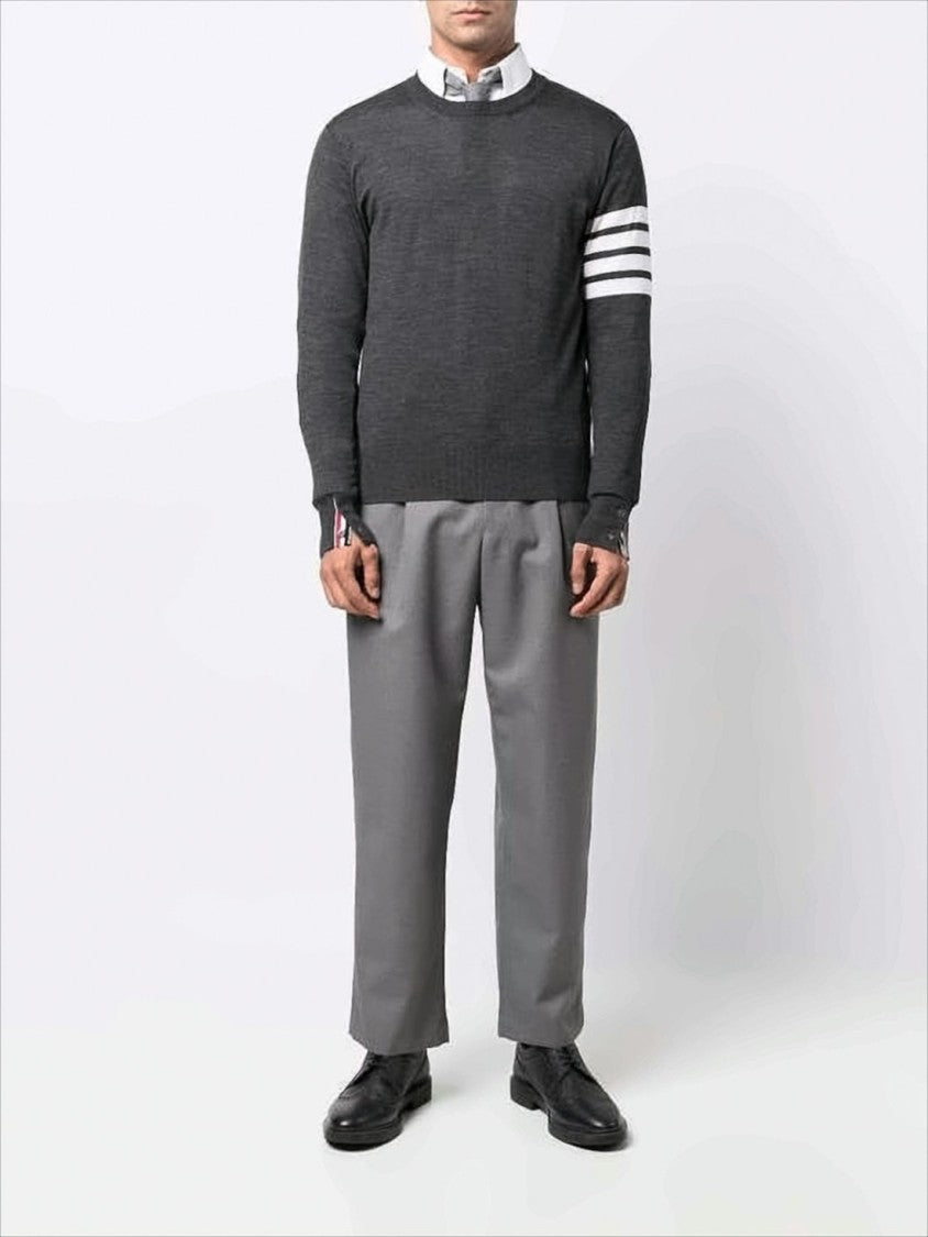 Dark Grey Merino Wool Sweater with Striped Detail