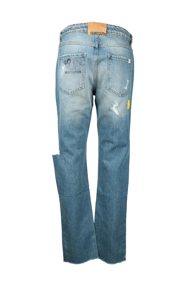 Light Blue Distressed Straight-Leg Semicouture Jeans