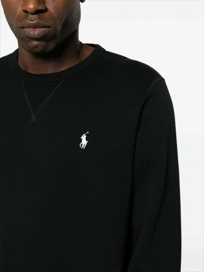 Black Crewneck Sweater with Embroidered Logo and Ribbed Hem
