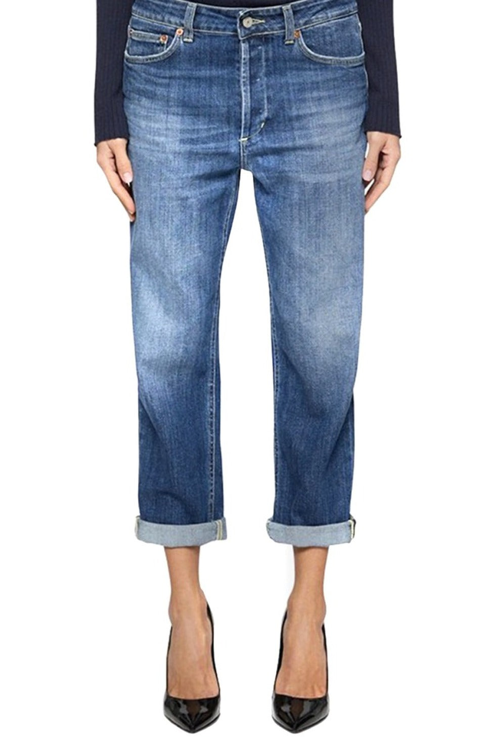 Relaxed Fit Blue Trousers With Tapered Leg And Rolled Cuffs