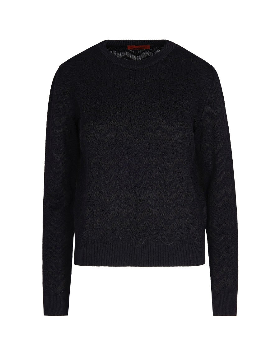 Long-Sleeved Crew Neck Sweater With Chevron Knit Pattern