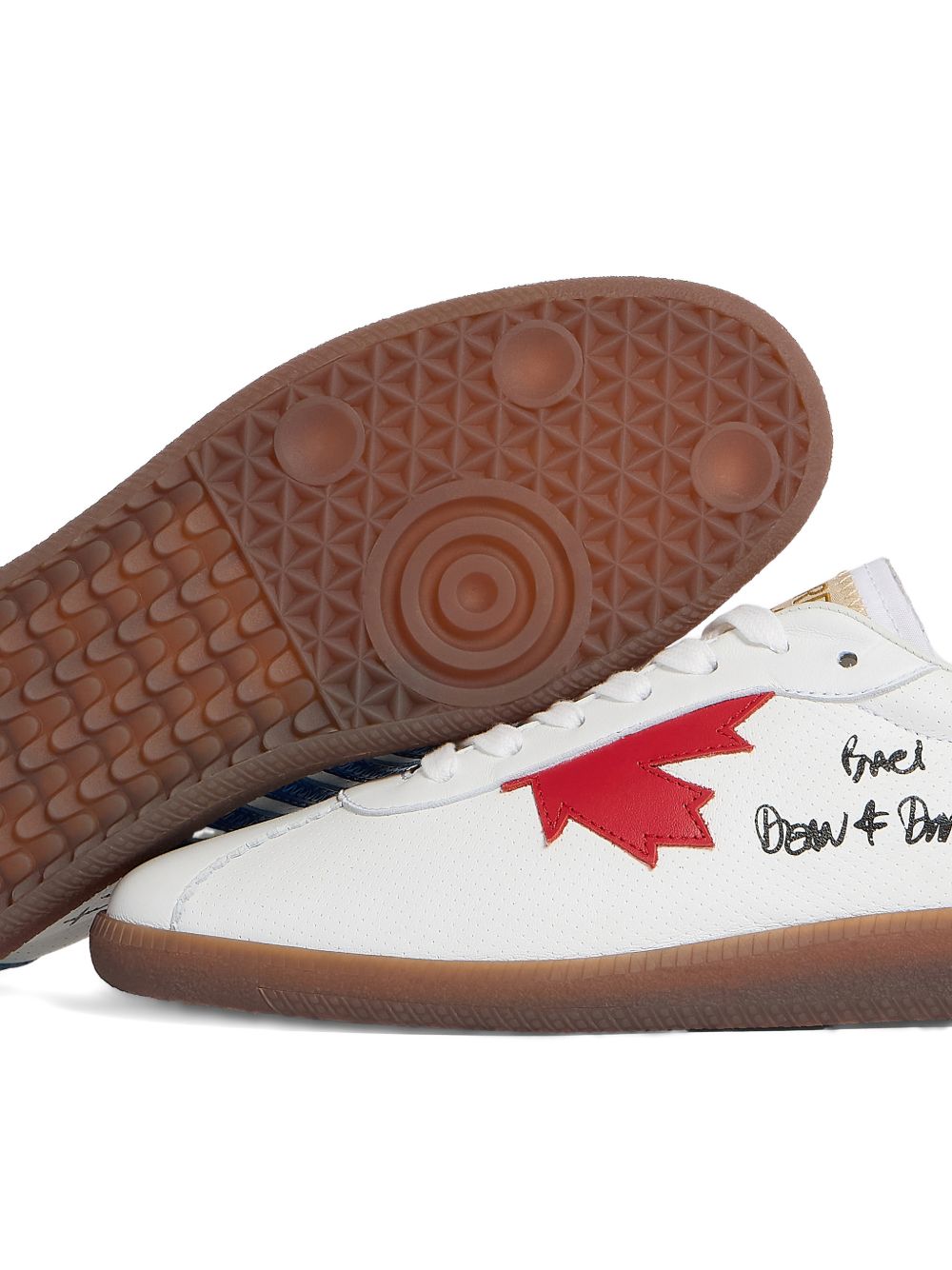 White Leather Flat Shoes With Bold Maple Leaf Graphic