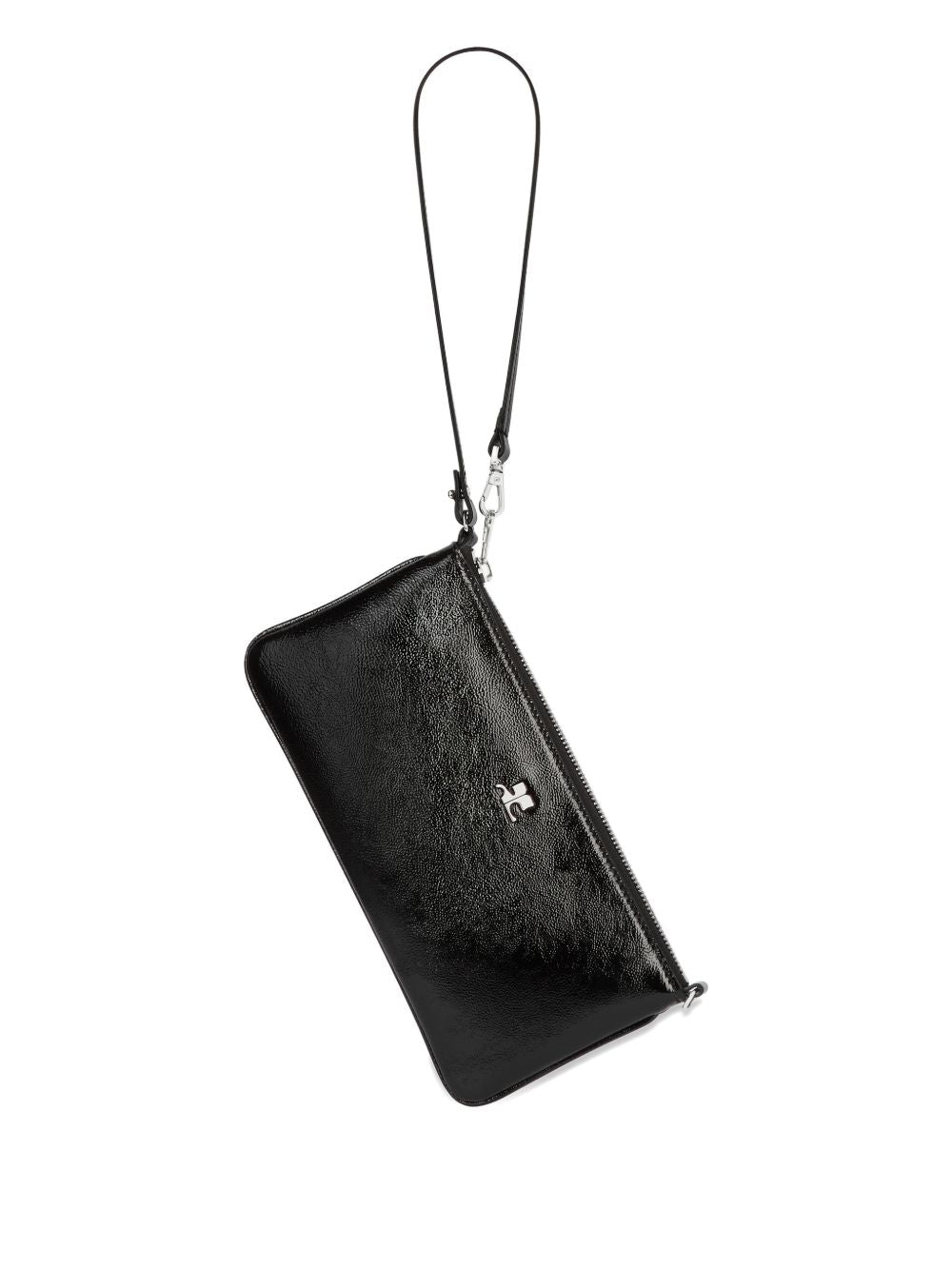 Rectangular Black Handbag with Glossy Finish and Silver Emblem