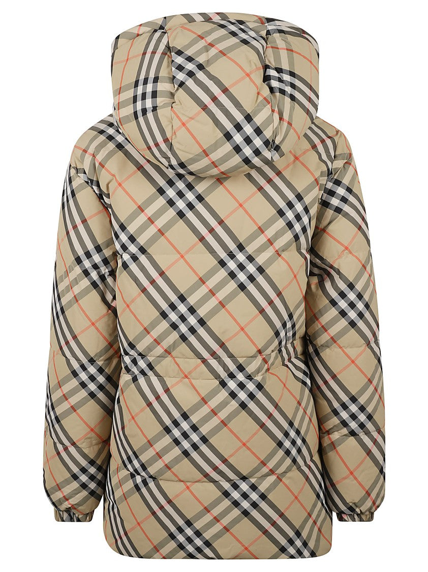 Puffy Check Pattern Coat With Hood
