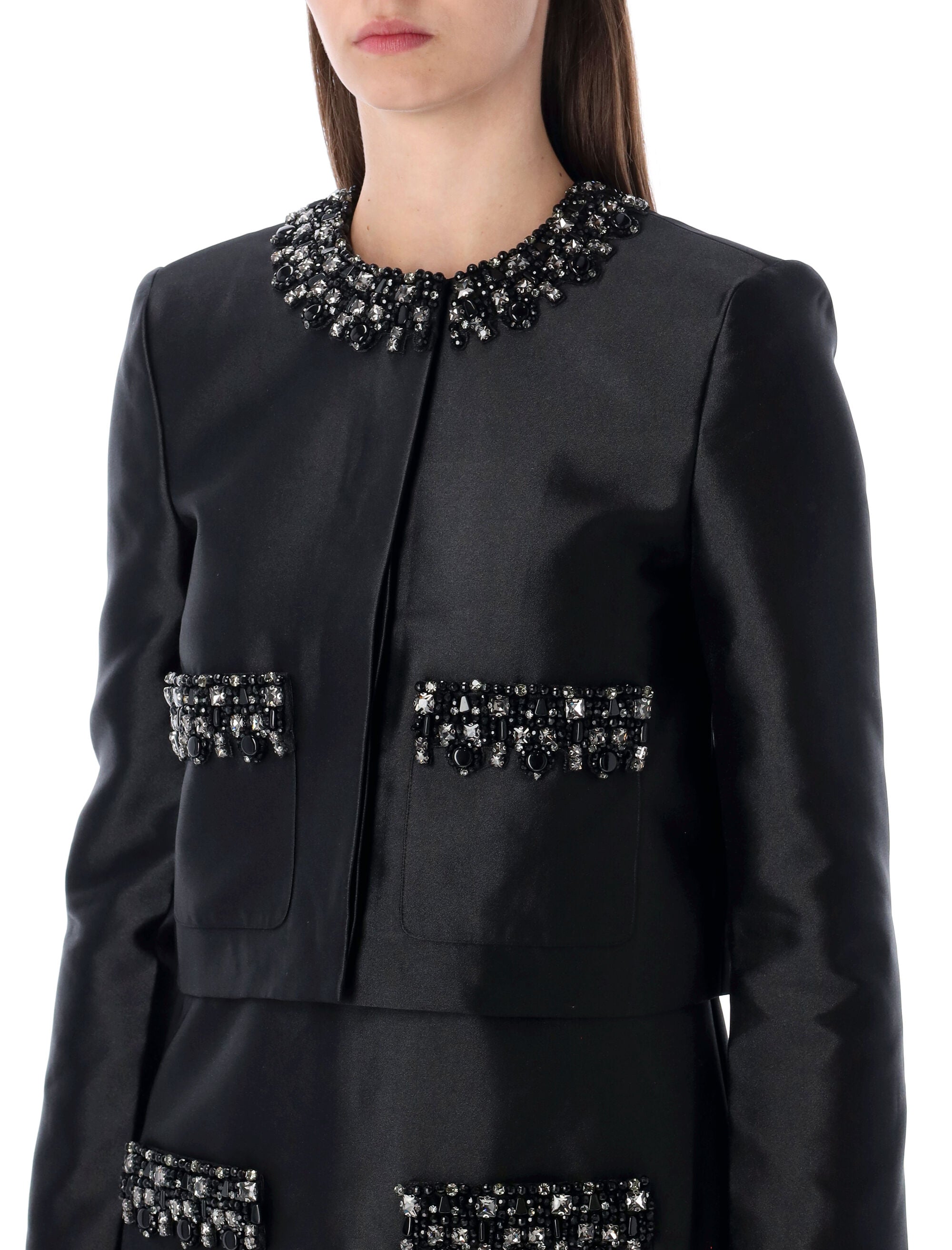 Black Taffeta Embellished Trim Jacket