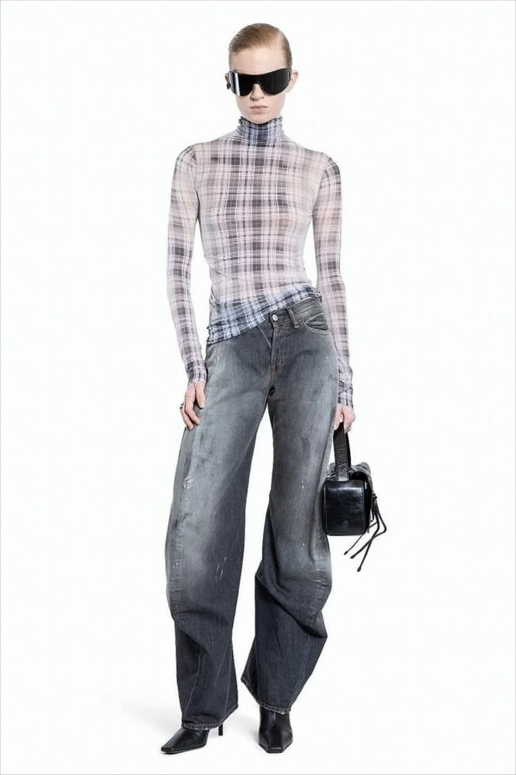 Wide-Leg Black Denim Pants with Distressed Finish