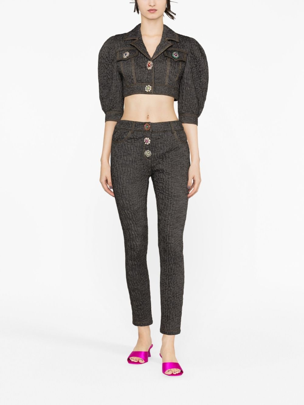 Crystal-Embellished Cropped Jacket with Textured Finish