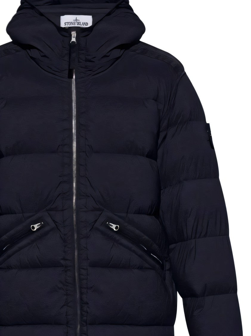 Quilted Down Coat With Hood And Zippered Pockets