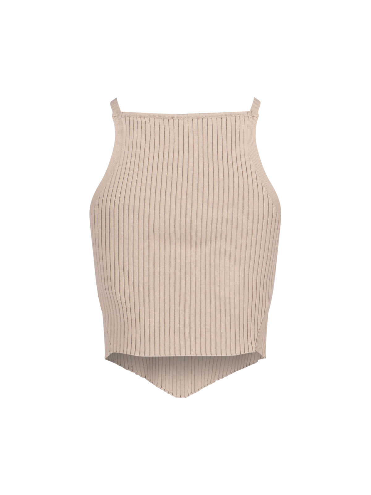 Knitted Top, In Beige Fabric, Ribbed Knit