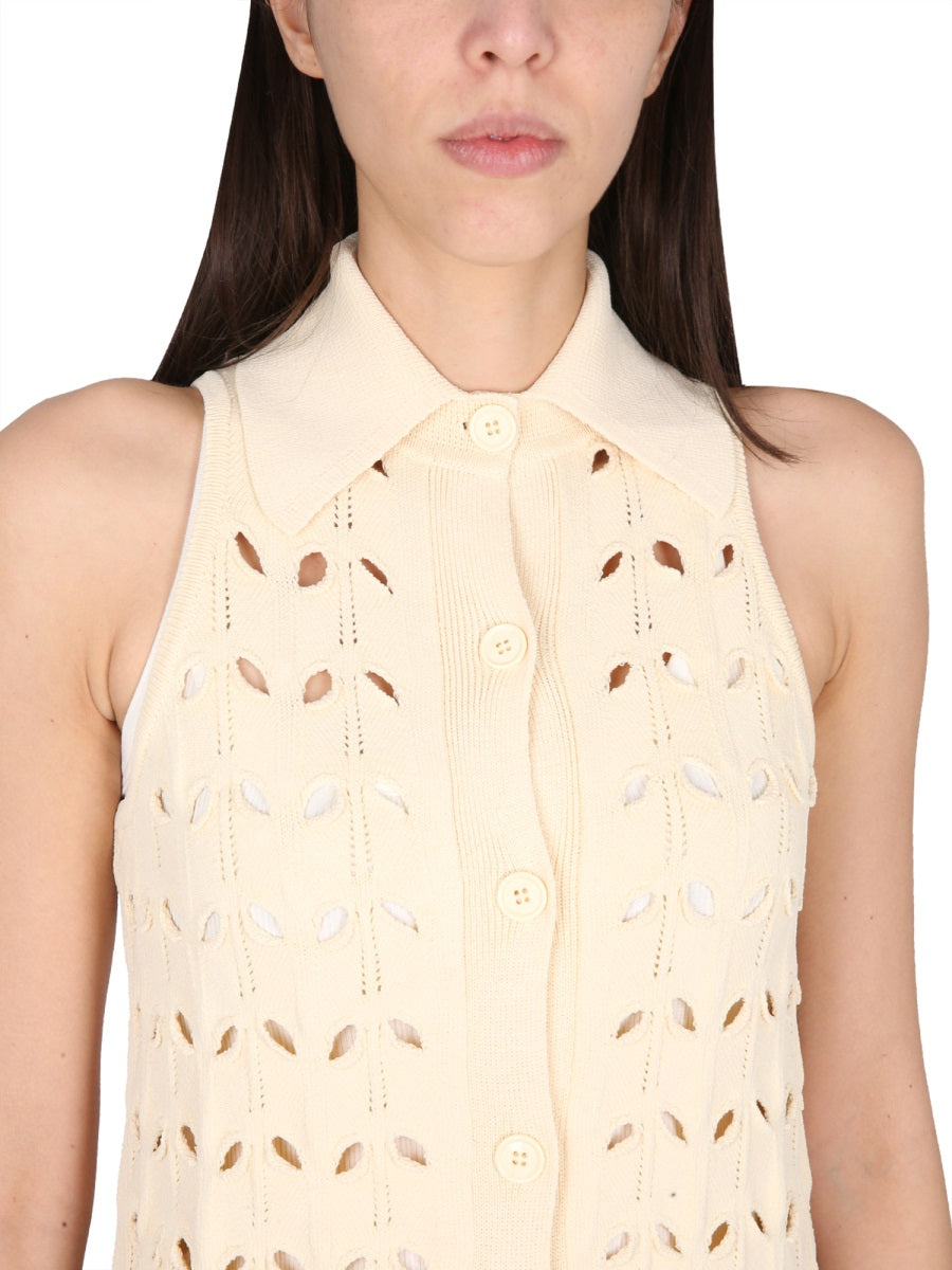 Perforated Dress with Button Closure and Lightweight Design