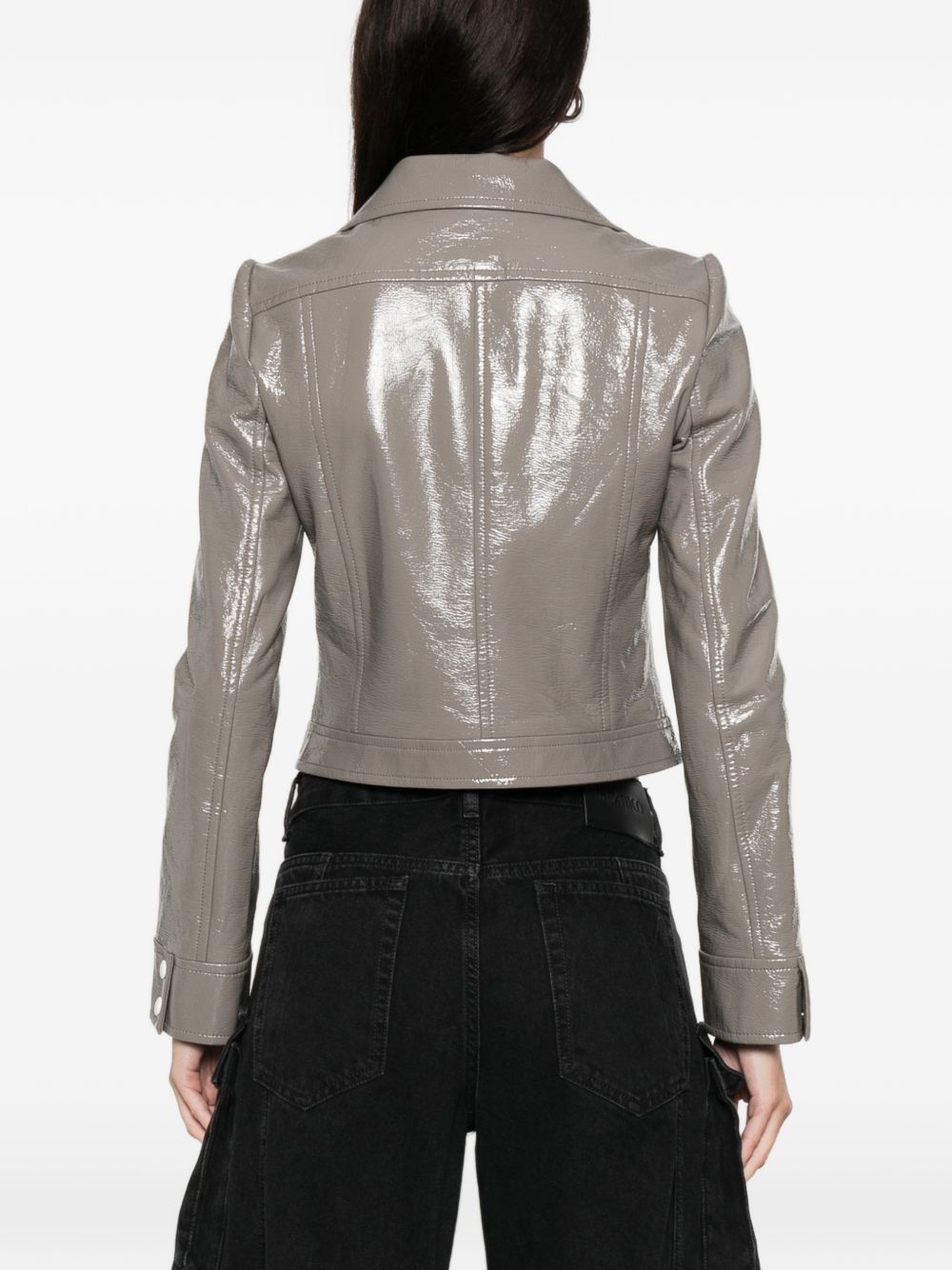 Cropped Grey Jacket with Glossy Patent Finish and Bold Logo